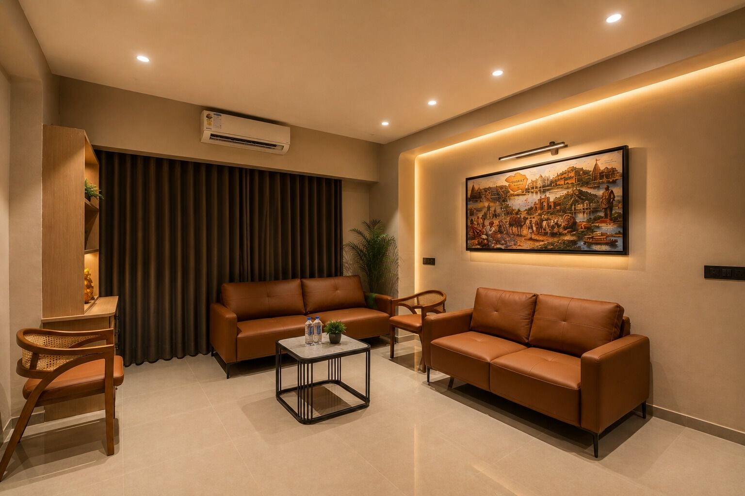 Uma sala de estar moderna com sofás de couro, uma mesa de centro e um quadro na parede.