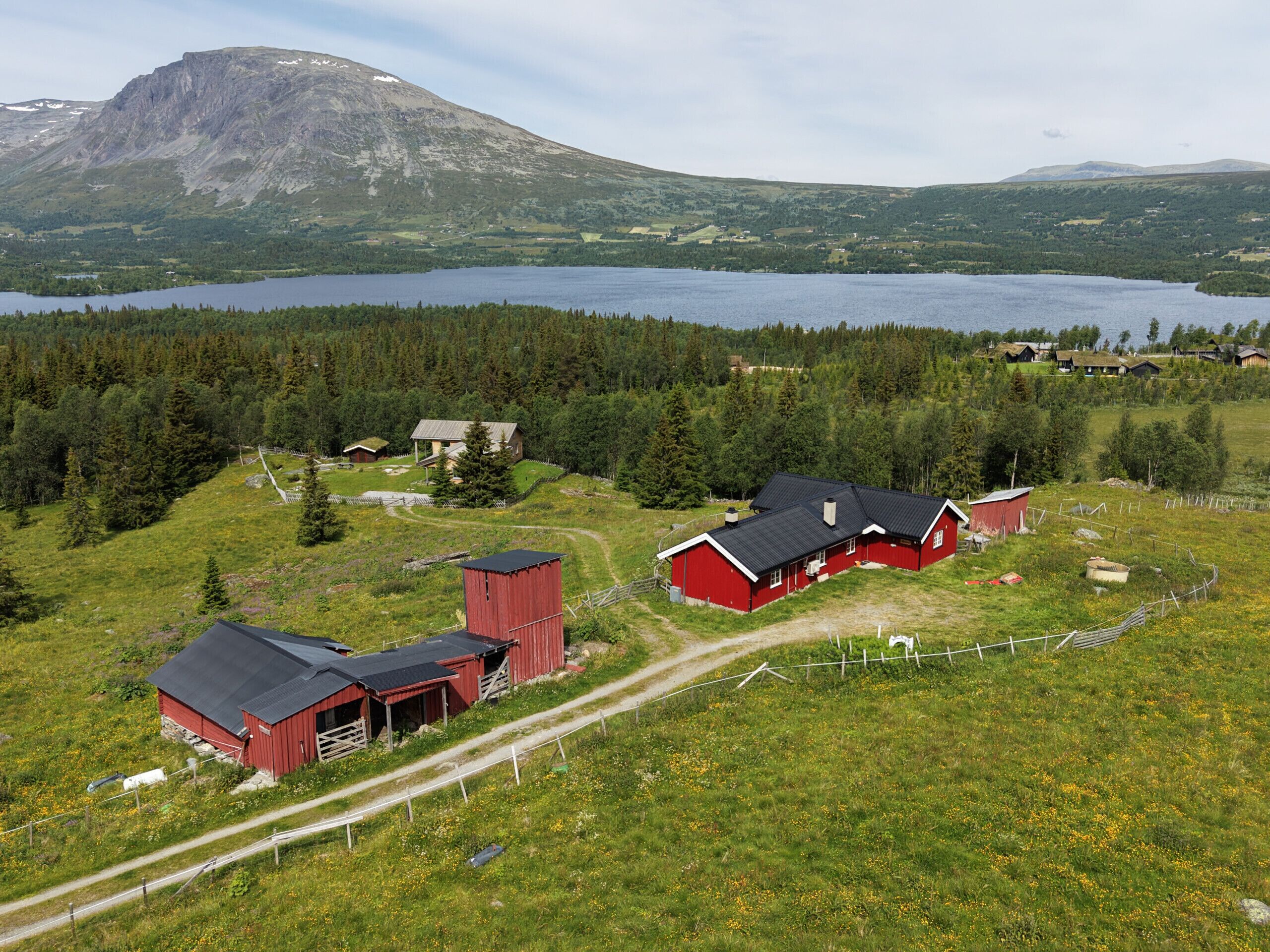 A rural landscape with a lake, a mountain in the background, and a red barn with a black roof.