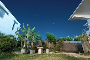 A residential area with a clear night sky, a concrete pathway, and various plants including banana trees. - Bella yui Miyakojima 2 (Higashinakasone,Hirara,Miyakojima)