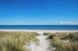 Ein Strand mit blauem Himmel und einem Sandweg, der zum Wasser führt.