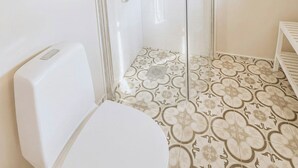 Bany amb dutxa amb envidriera, vàter i terres amb mosaics.