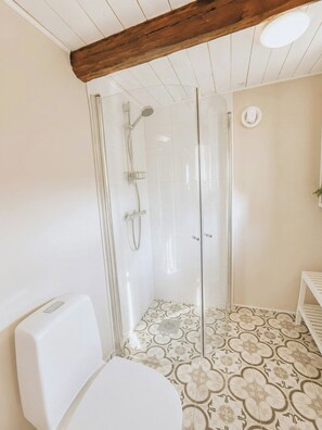 Ein Badezimmer mit einer Duschkabine, einer Toilette und Fliesen mit Muster.
