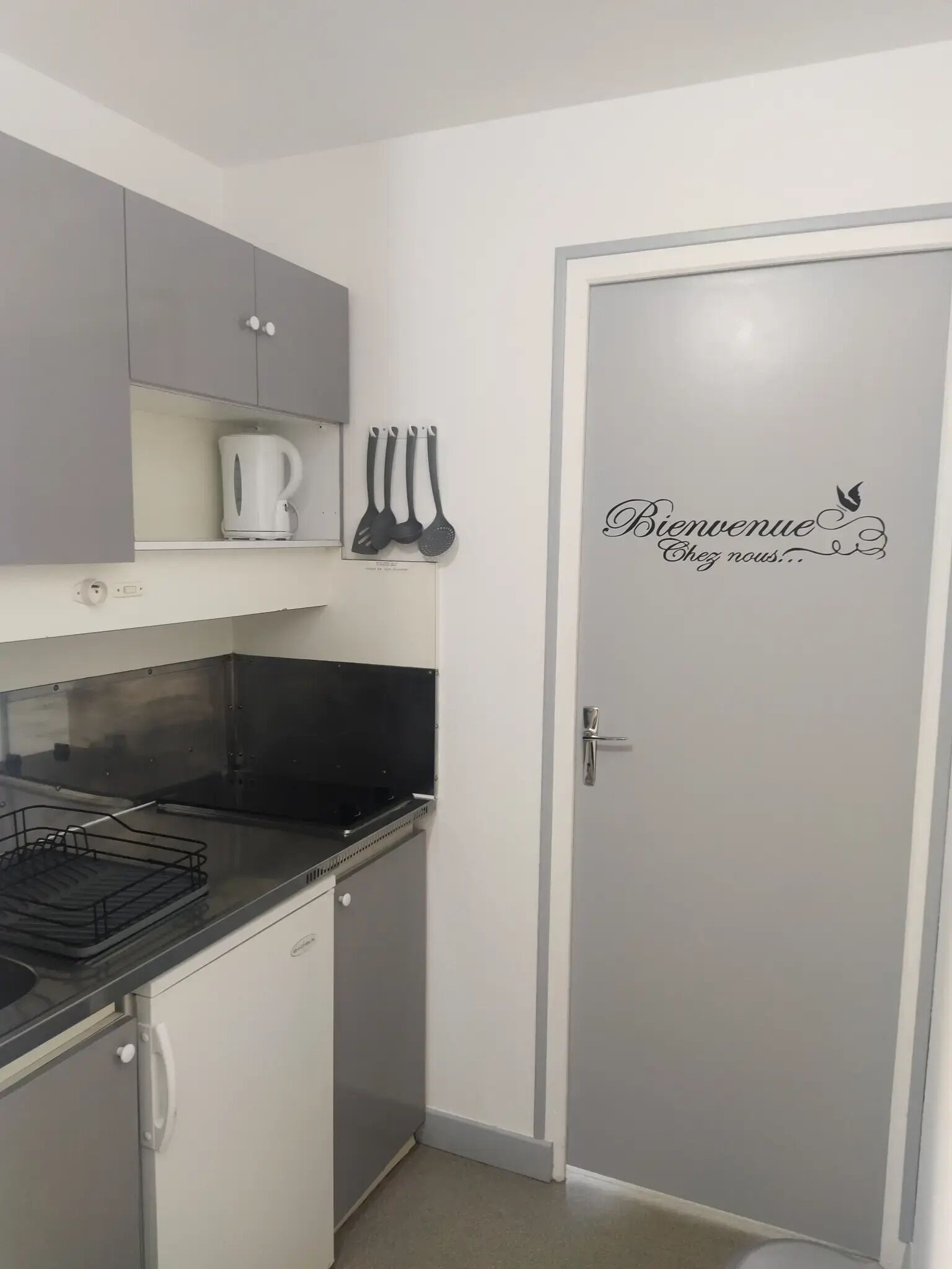 Fridge, microwave, electric kettle, toaster