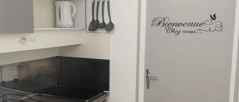 Fridge, microwave, electric kettle, toaster