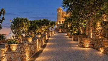 A pathway leading to a building with a tower, flanked by stone walls and potted plants.