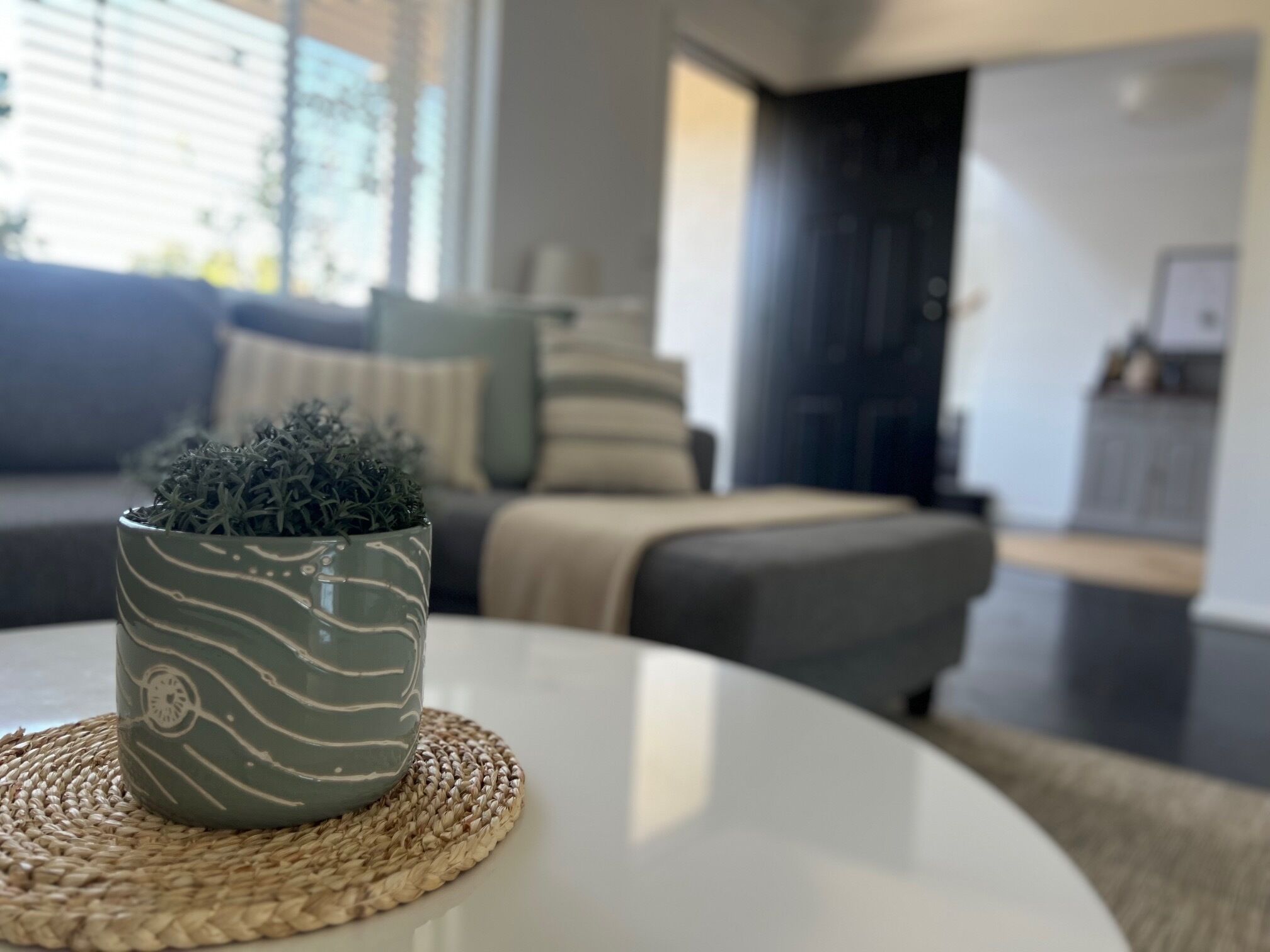 A modern living room with a round white coffee table, a decorative plant in a textured pot, and a sofa with cushions.
