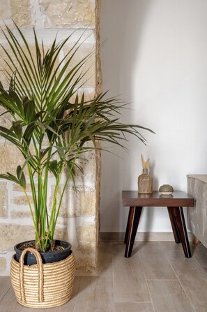 Une plante en pot aux longues feuilles vertes, placée dans un panier tressé, une table en bois avec un vase et un petit bol, et un mur de pierre.