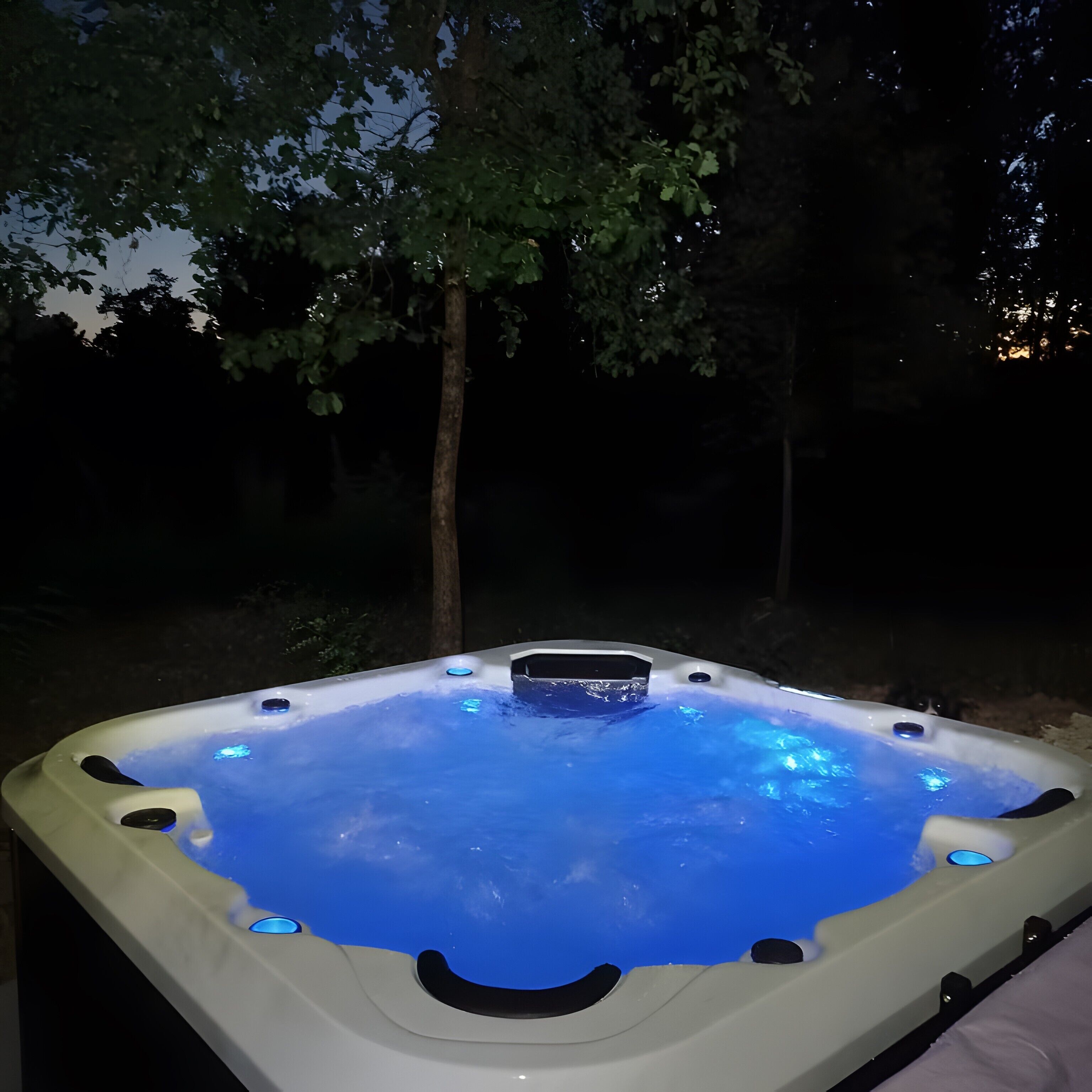 Un jacuzzi con iluminación azul, rodeado de árboles.