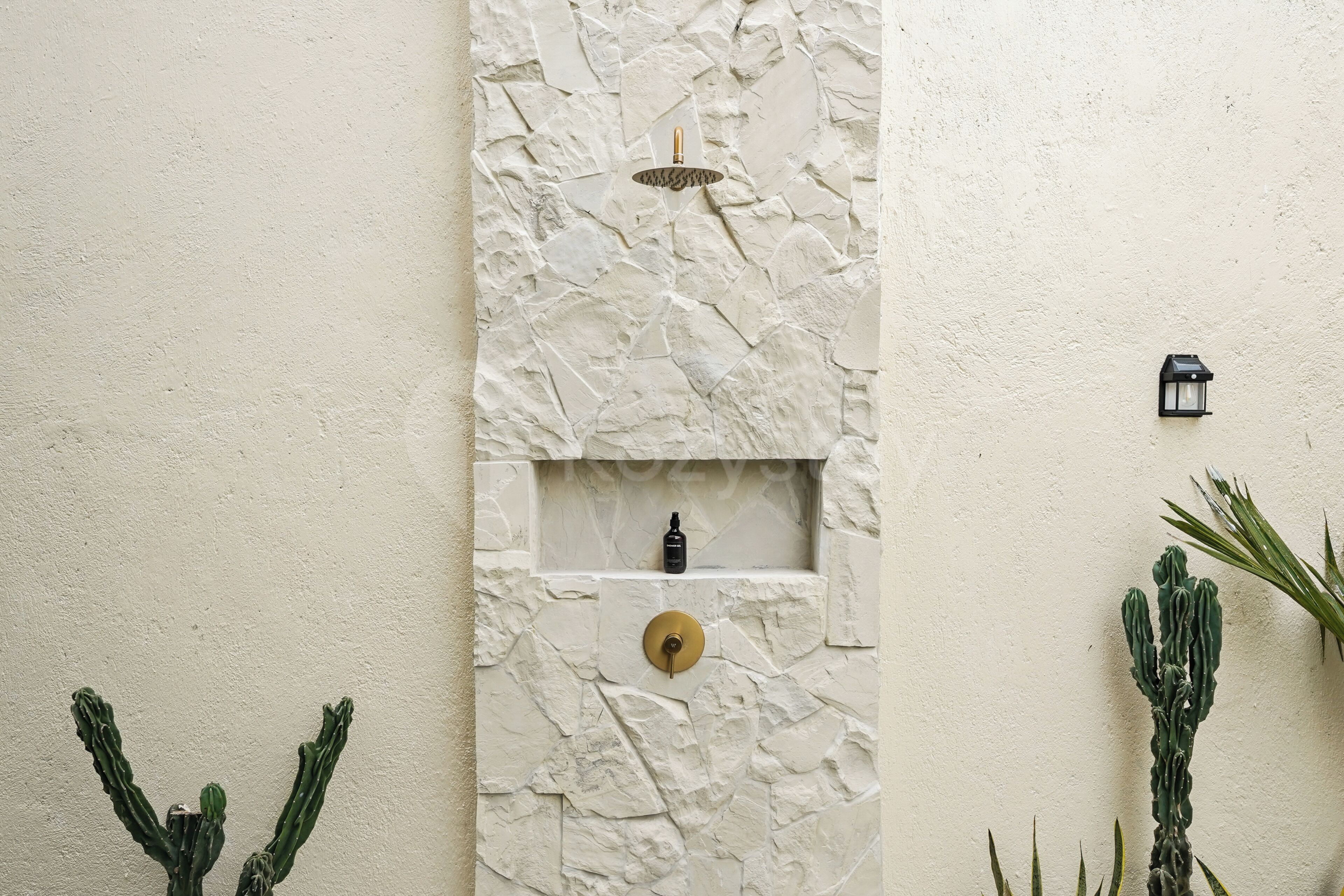 Eine strukturierte Wand mit eingebautem Regal, einer Wandleuchte und zwei Kakteen.