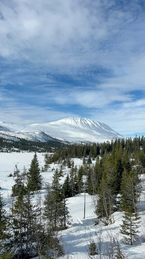 Ein mit Schnee bedeckter Berg unter blauem Himmel.