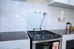 A kitchen with a gas stove, a power outlet, and a kettle on the countertop. - Cosy 1BR Apartment with Balcony, Free Wi-Fi & Secure Parking (Nairobi)