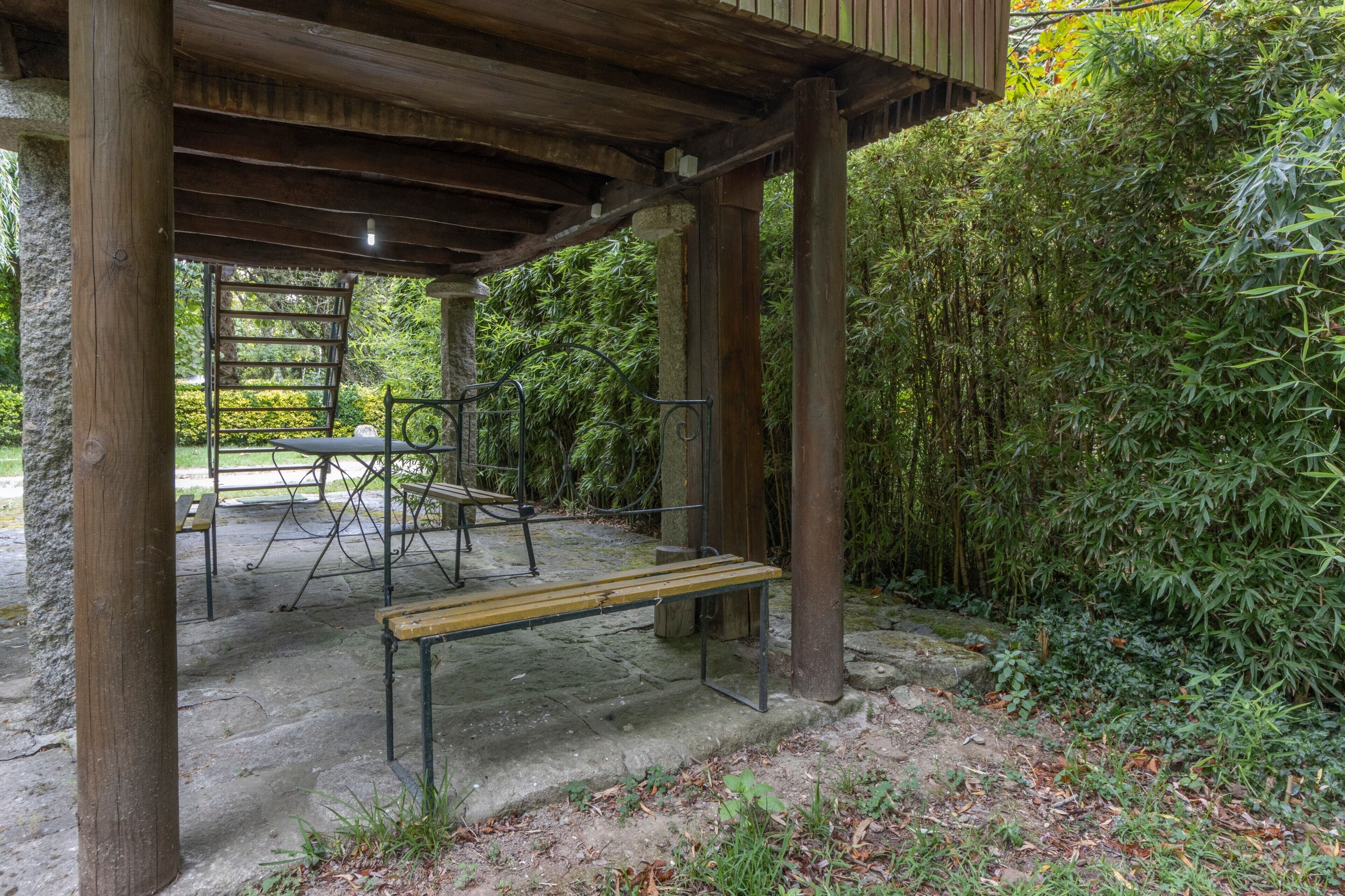 An outdoor wooden structure with benches and a stone floor, surrounded by dense bamboo foliage.