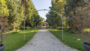 A cobblestone pathway leading to a building with a traditional roof, surrounded by lush greenery and trees.