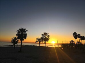 A beach with palm trees and a sunset. - Villa "Upper" – 3 bedrooms, 8 guests, private terrace, Wi-Fi, air conditioning (Cagnes-sur-Mer)