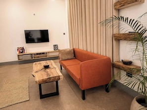 A modern living room with a sofa, a coffee table, a TV, and a plant. - Aurica (Arusha)