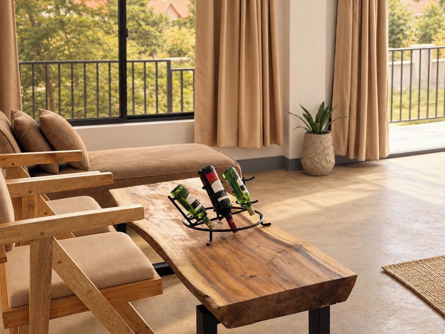 A modern living room with a sofa, wooden coffee table, and a balcony view.