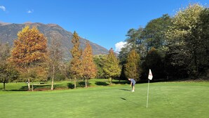 Een golfbaan met een vlaggenstok, bomen en bergen op de achtergrond.