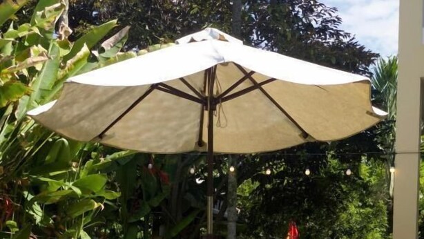 A pool with a lounge chair and umbrella, surrounded by greenery. - Xao xac Homestay (Da Nang)
