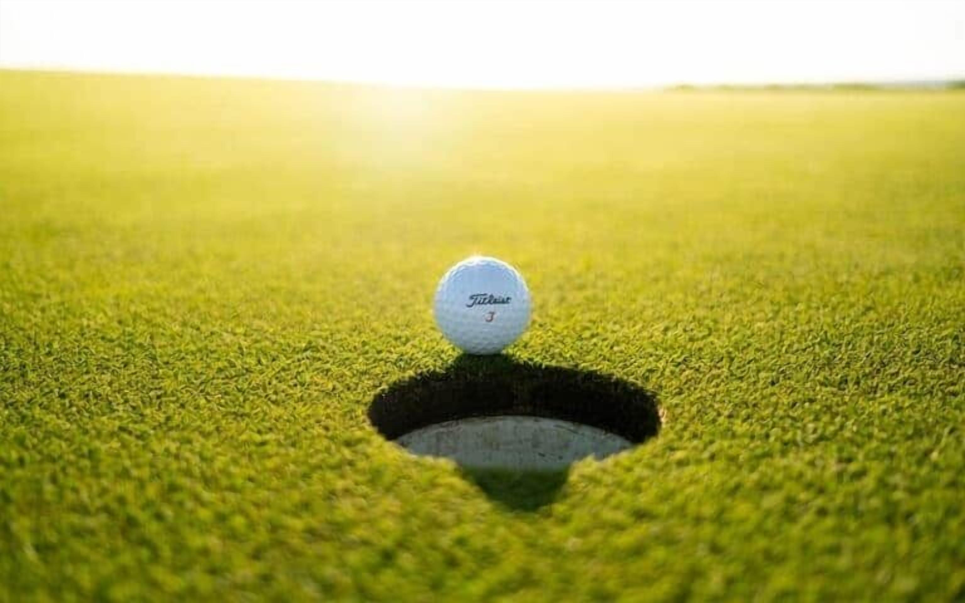 A golf ball on a green with a hole, indicating a golf course setting.