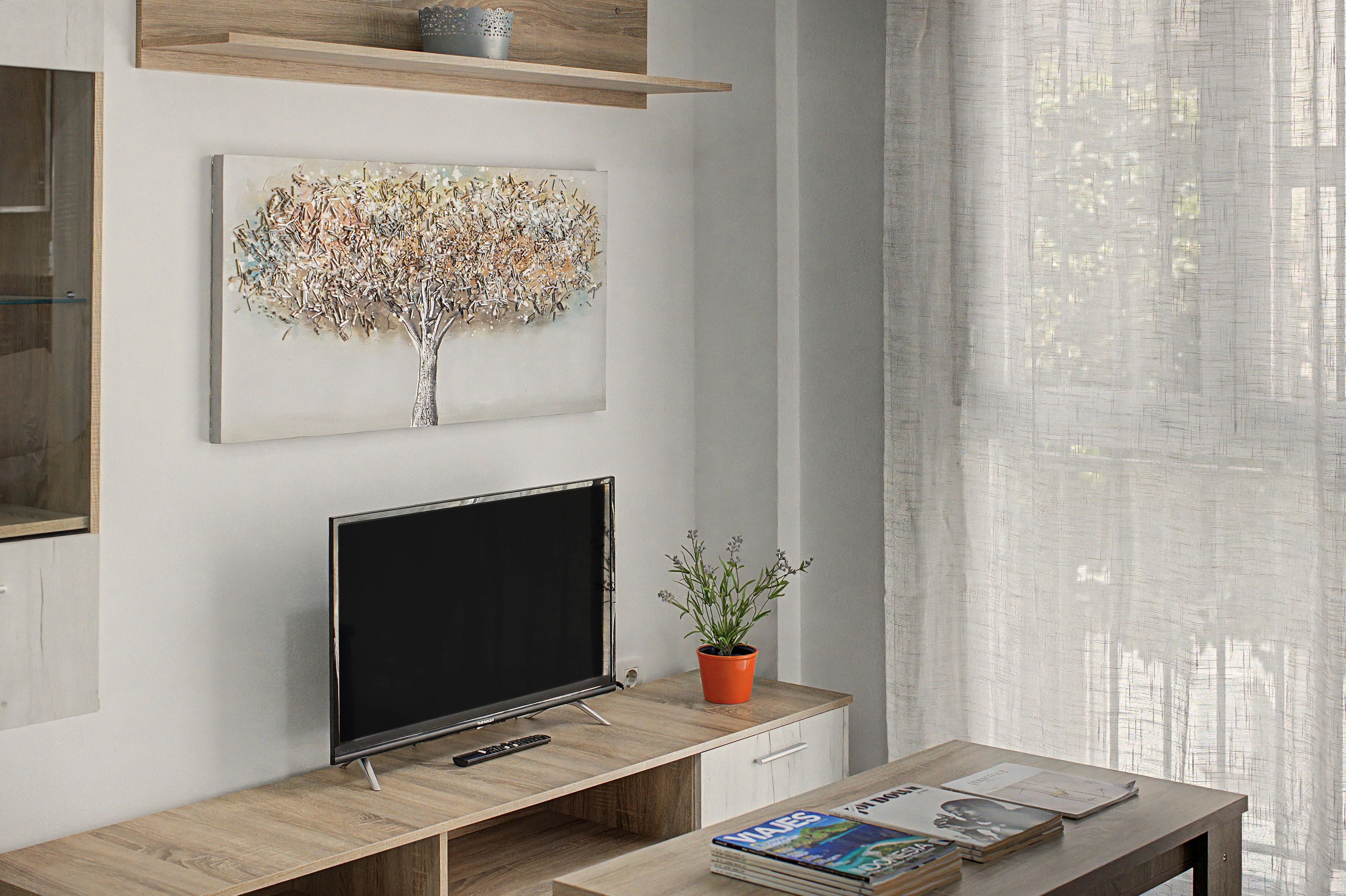 Un salon moderne avec un téléviseur à écran plat, un tableau représentant un arbre décoratif, une plante en pot et une table basse avec des magazines.