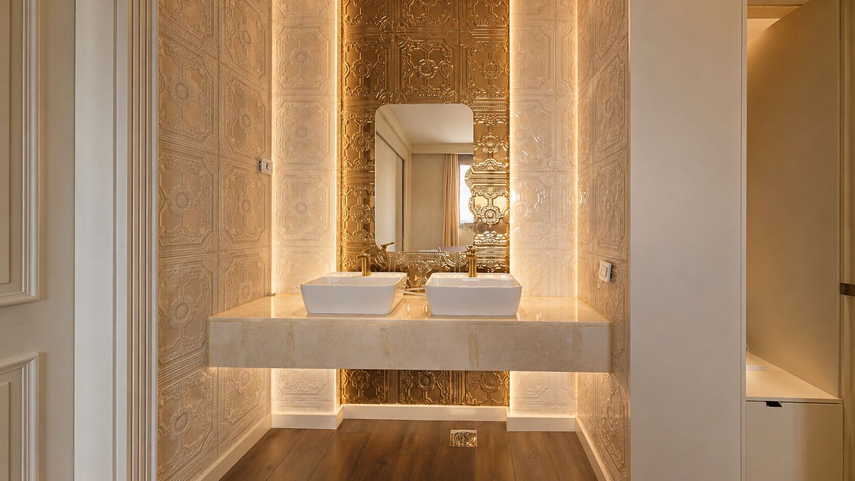 A bathroom with a double sink vanity, a mirror above the sink, and a wooden floor.