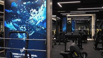 A modern gym with various exercise equipment, including a bench press and a squat rack.