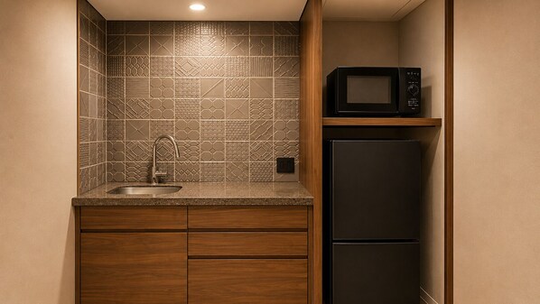 A compact kitchen with a sink, wooden cabinets, a microwave, and a black refrigerator.