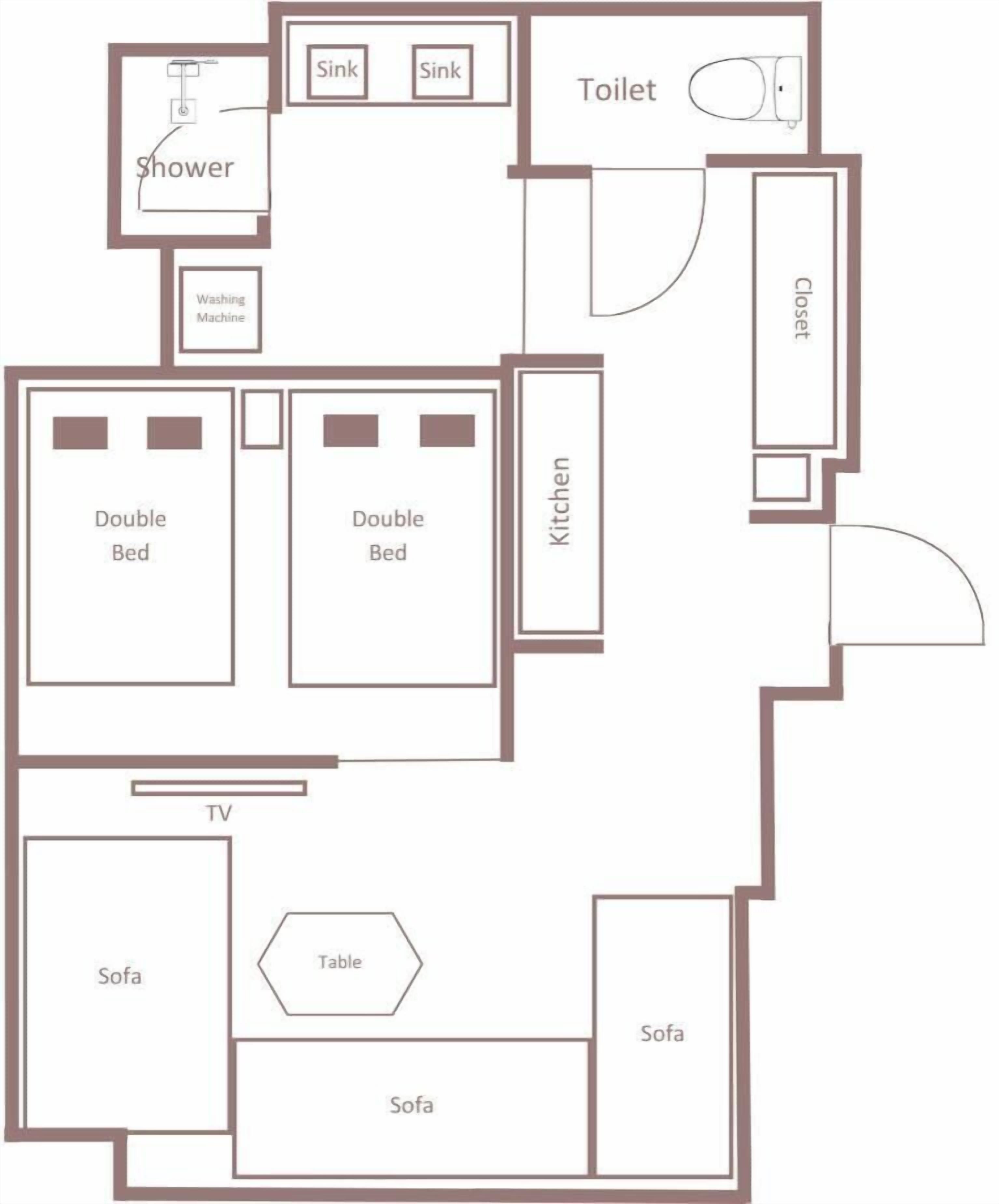 A floor plan with two double beds, a kitchen, a bathroom with a shower and toilet, a TV, and multiple sofas.