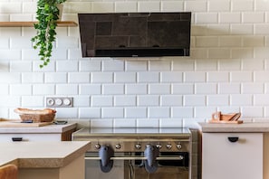 A kitchen with a stainless steel stove, a hanging plant, and a white tiled backsplash. - A comfortable home on the riverbank near Ussé (Rigny-Ussé)