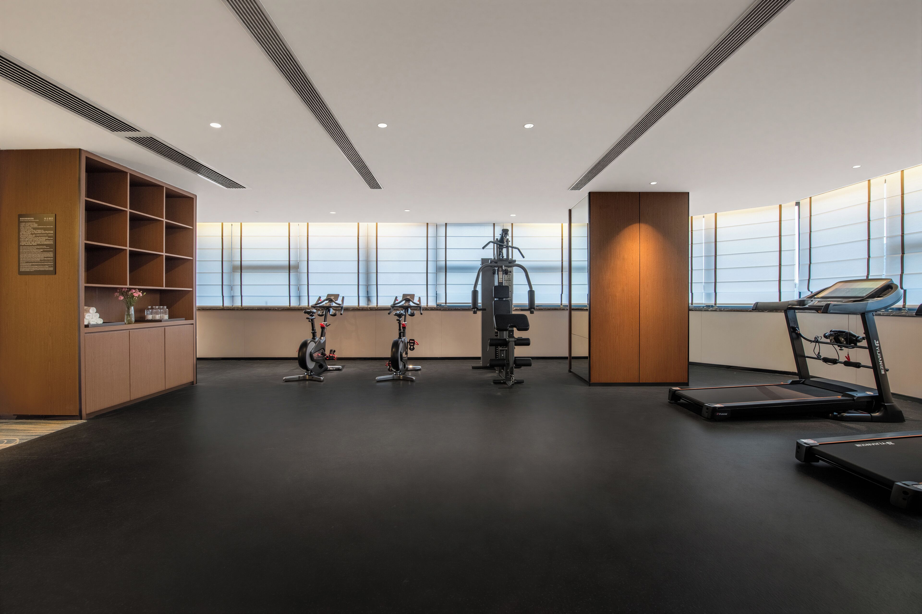Un gimnasio moderno con equipamiento de ejercicio, una cinta de correr y una bicicleta fijada a la pared.