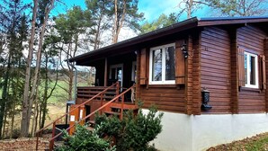En træhytte med veranda, trappe og en lille have.