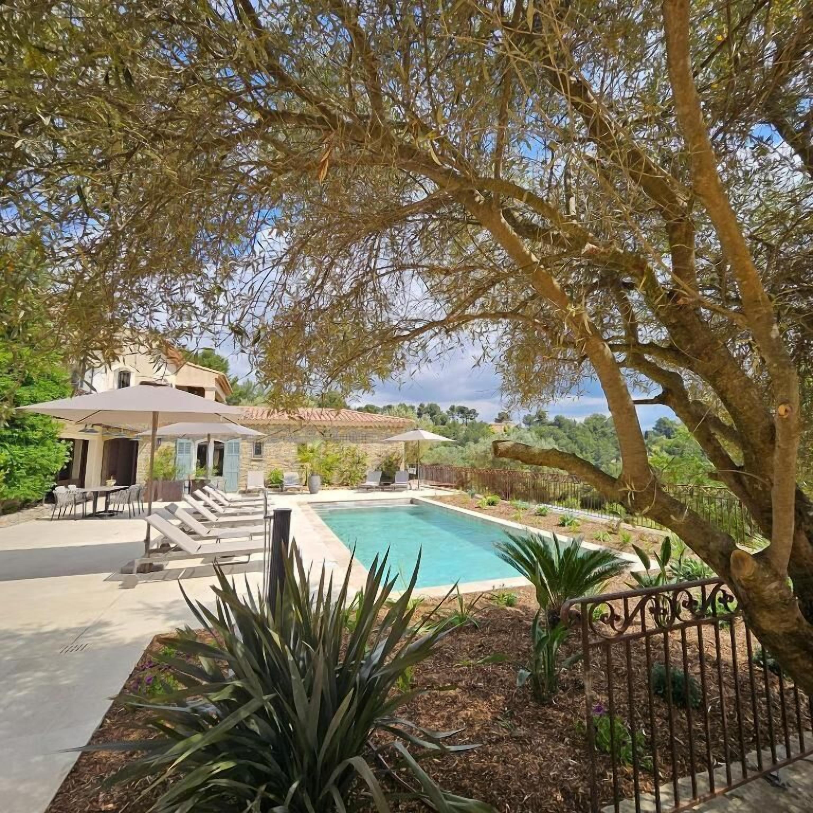 A pool area with lounge chairs, a house, and a tree in the foreground.