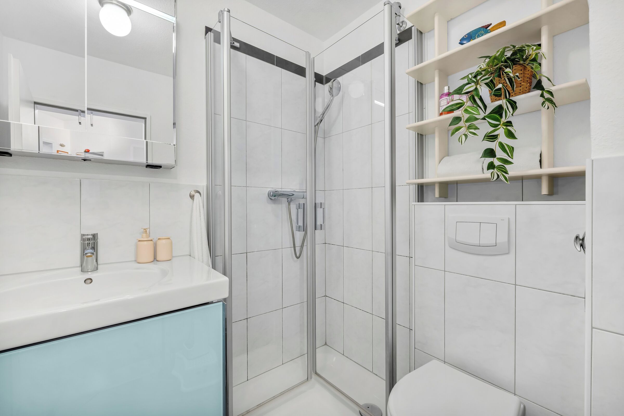Un baño moderno con ducha envuelta en vidrio, un lavamanos blanco con espejo y un estante con artículos de tocador y una planta.