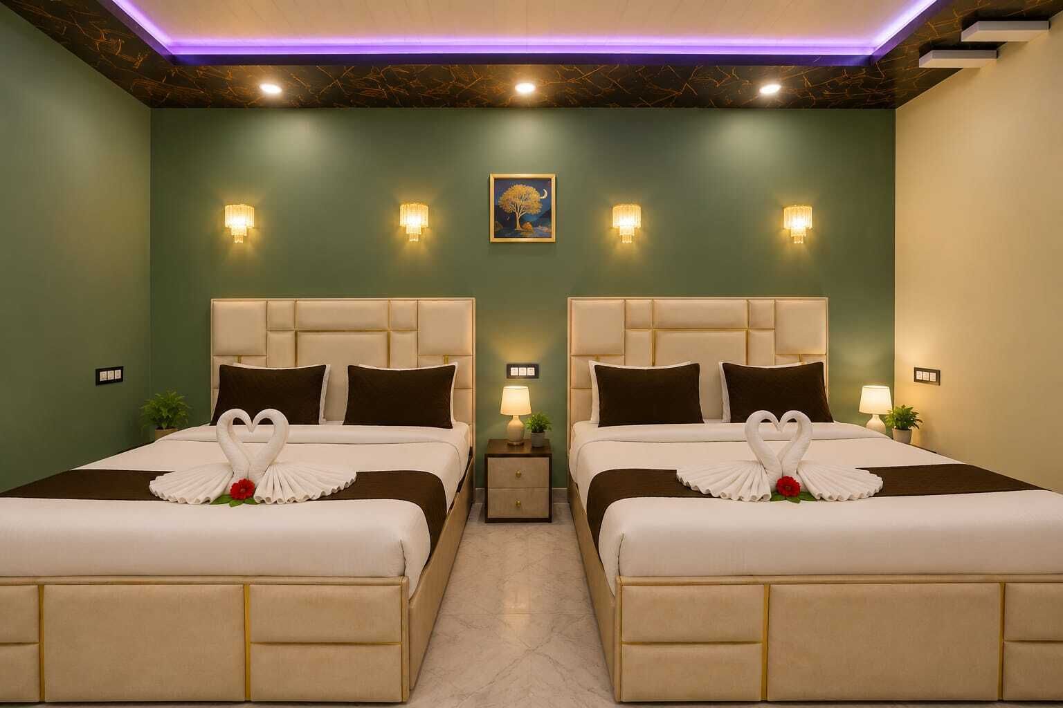 A hotel room with two beds, each with a swan-shaped towel and a small table with a lamp.