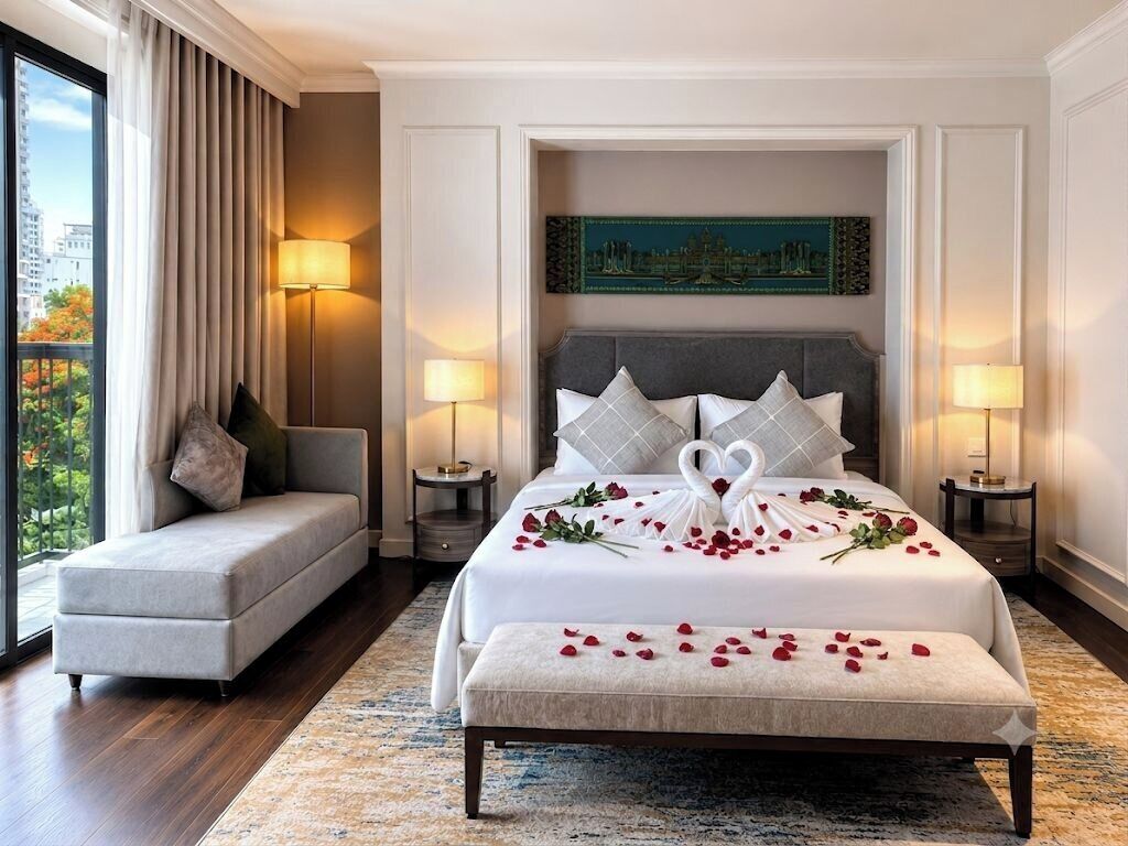 Habitación de hotel con una cama grande, un sofá, un banco y vistas a la ciudad.
