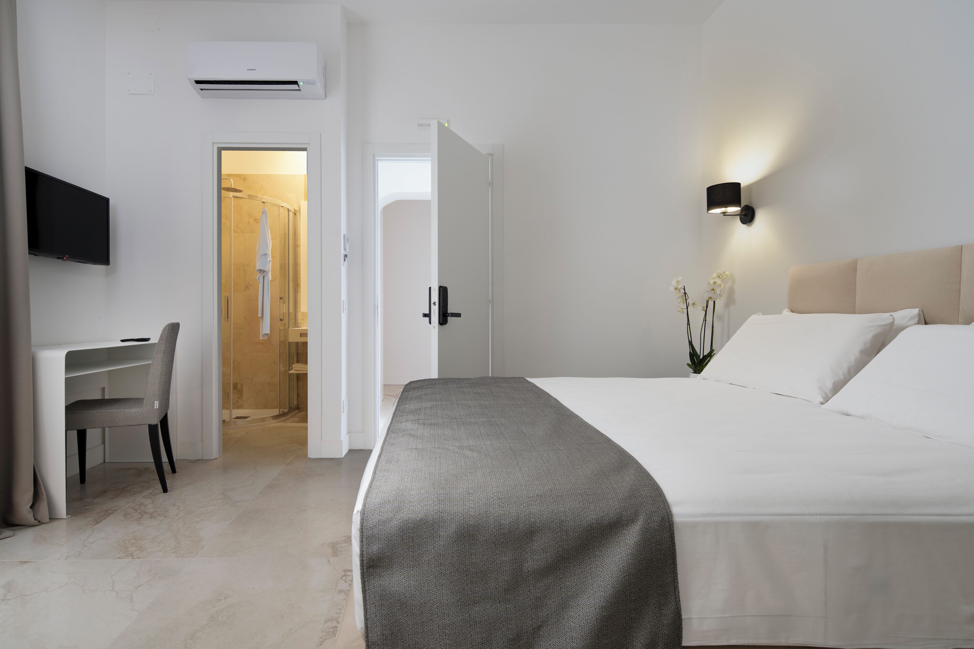 A hotel room with a bed, a desk, a TV, and a shower area.
