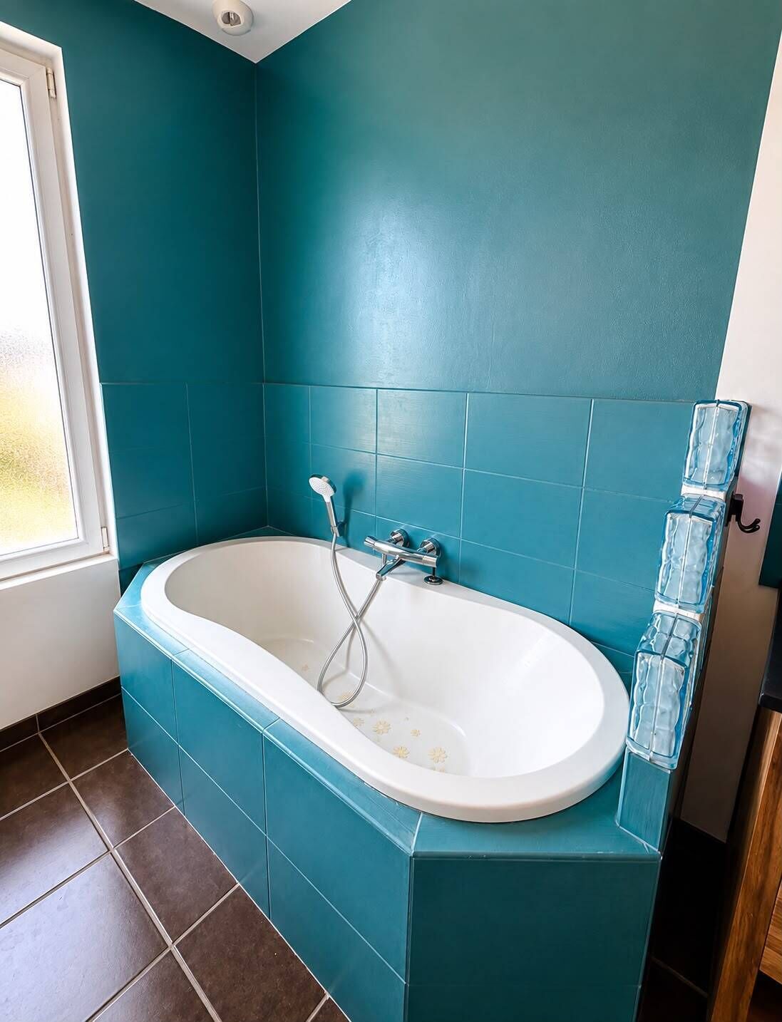 Une salle de bain avec une baignoire sur pieds, une pomme de douche et une étagère en verre pour la douche.
