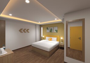 Una habitación de hotel moderna con cama, mesita de noche y puerta.