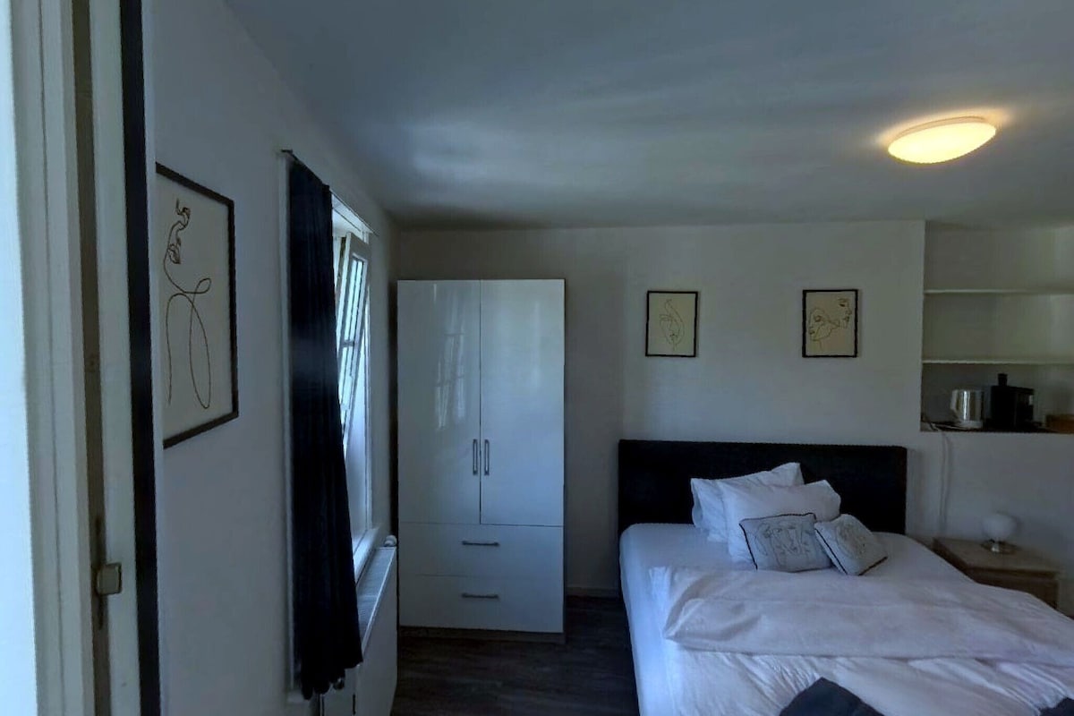 Una habitación de hotel con cama, armario, escritorio y mesita de noche.