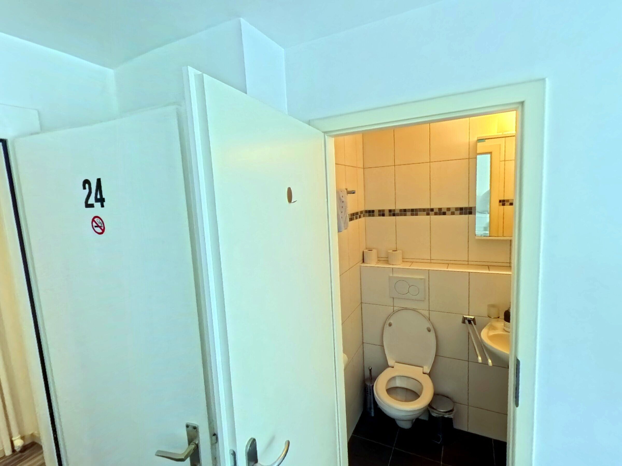 A bathroom with a toilet, sink, and mirror.