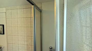 Een badkamer met een douche, toiletpapier en een handdoekhouder.
