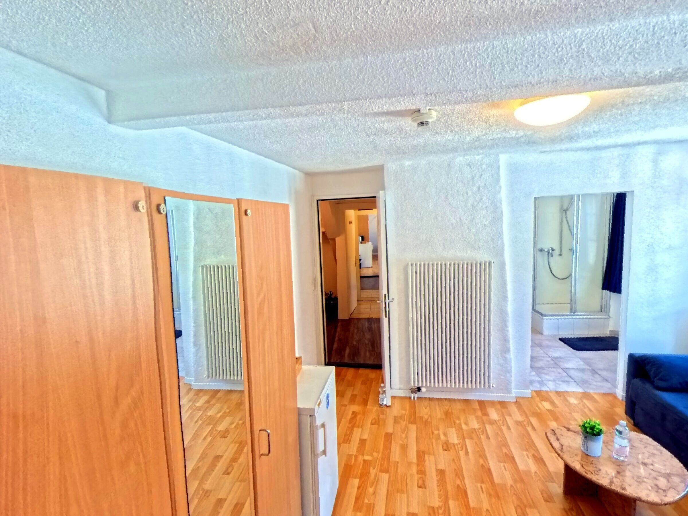 Une chambre avec une armoire en bois, un radiateur, une cabine de douche en verre et une petite table sur laquelle se trouvent une plante et une bouteille.