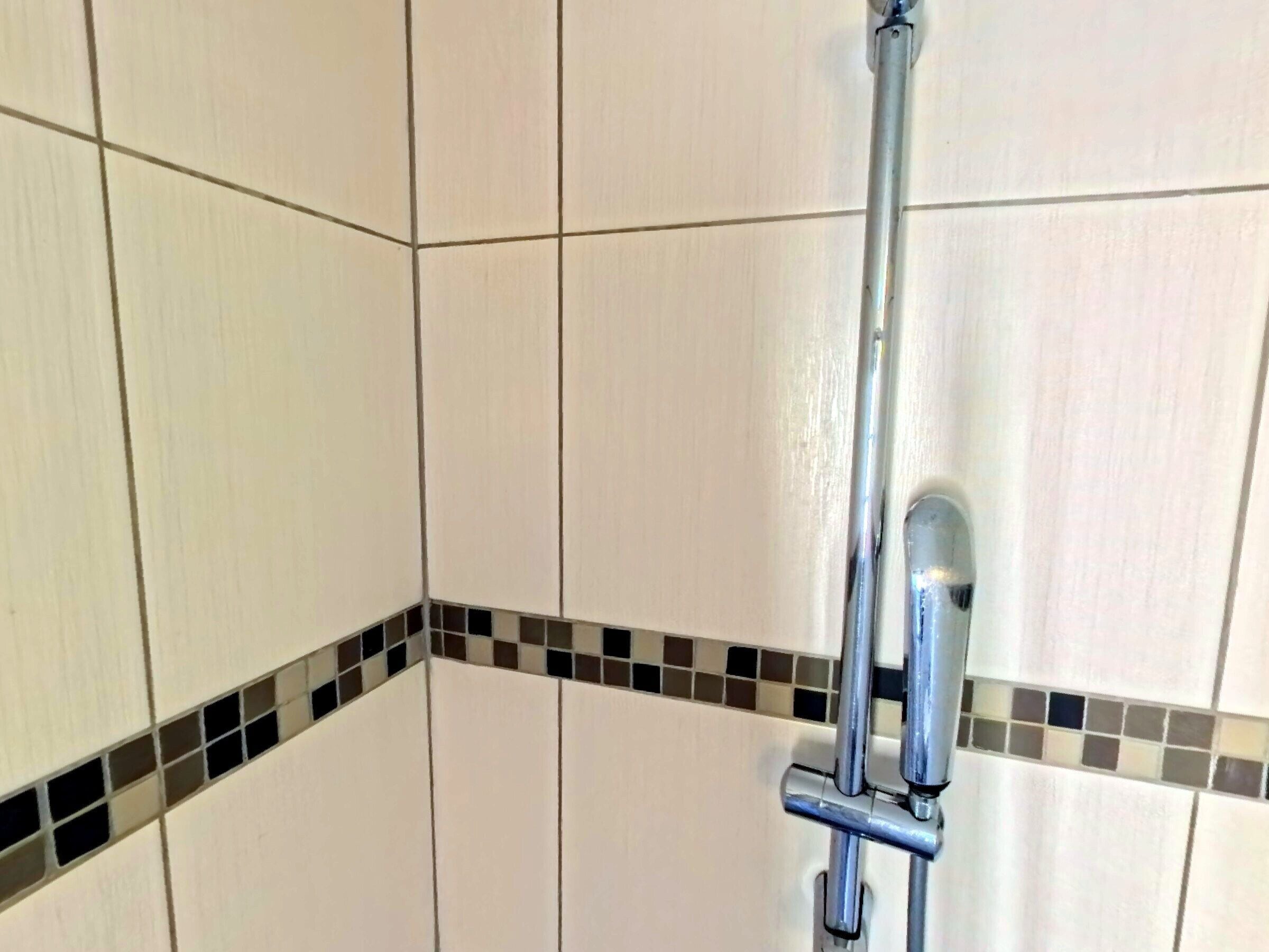 Un espace douche doté d’une pomme de douche chromée et d’un mur carrelé.