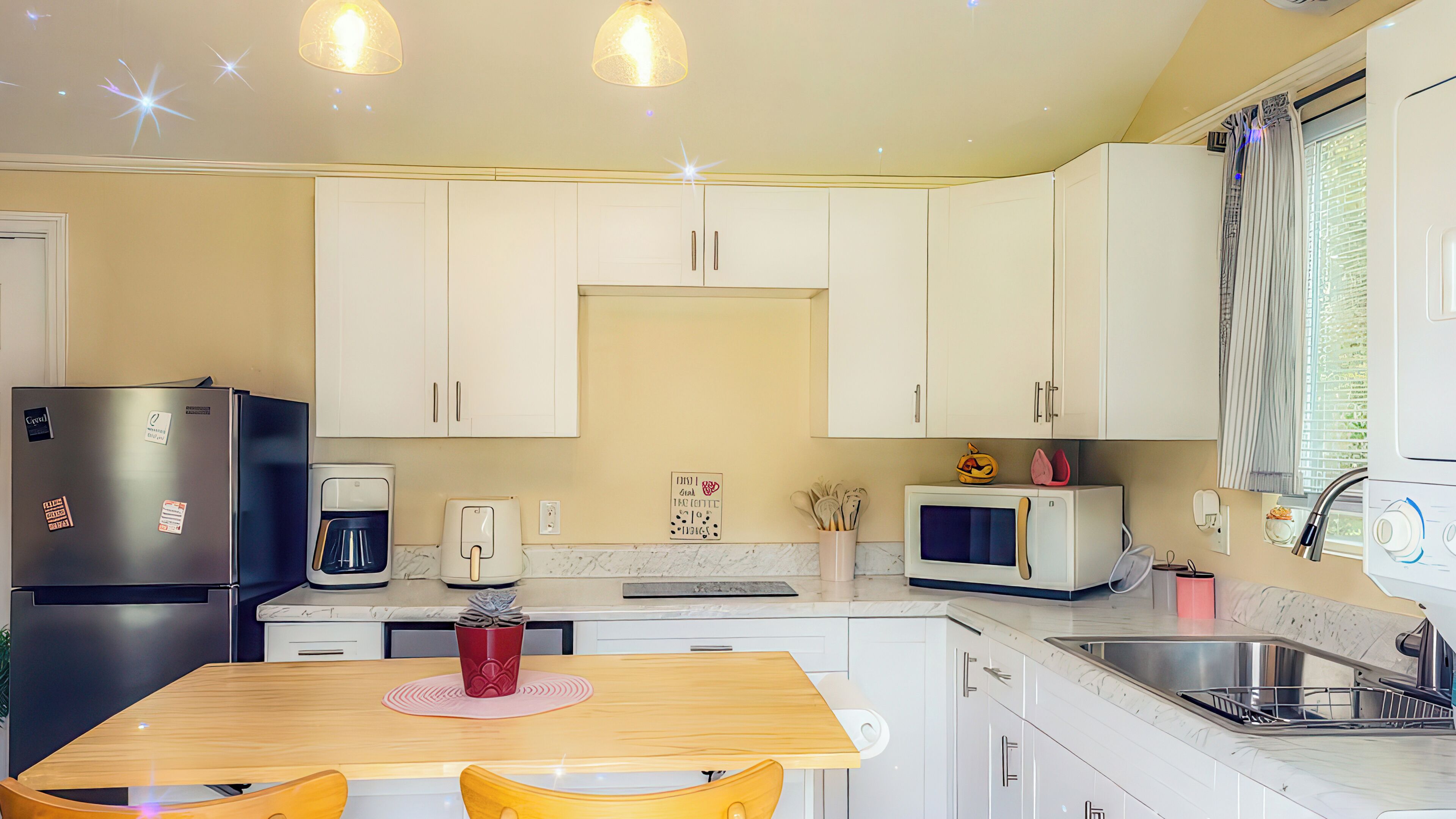 Una cocina compacta con armarios blancos, un refrigerador, una cafetera, un microondas y un lavaplatos.