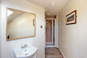 Un baño con lavamanos, espejo y ducha.