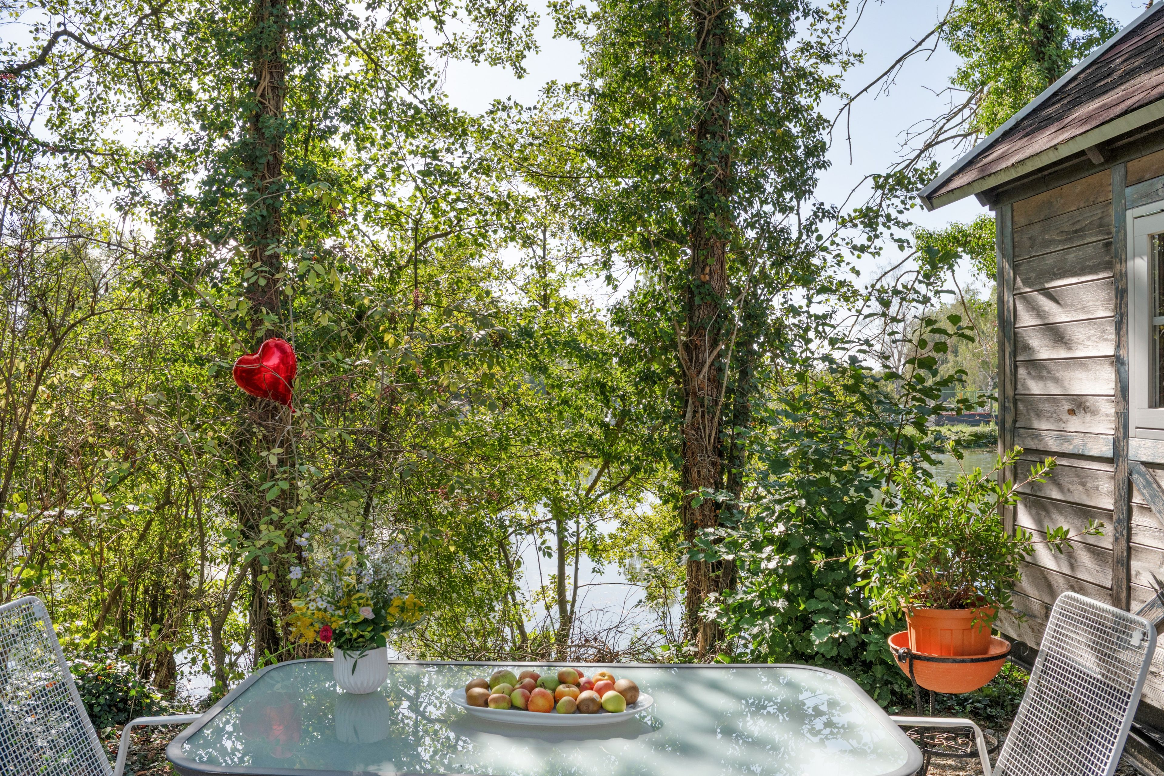 Ein Glastisch mit Obstschale, umgeben von Stühlen, in einem Garten mit Bäumen und einem Haus im Hintergrund.