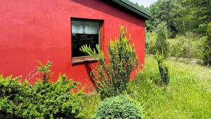 A red building with a window, surrounded by greenery.