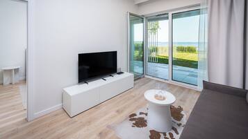 Appartement (B 2) | Woonruimte | Een 30-inch flatscreentelevisie met digitale zenders
