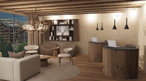 Un intérieur moderne avec un plafond en bois, une table basse ronde, des canapés, une bibliothèque et un bureau avec des ordinateurs portables.