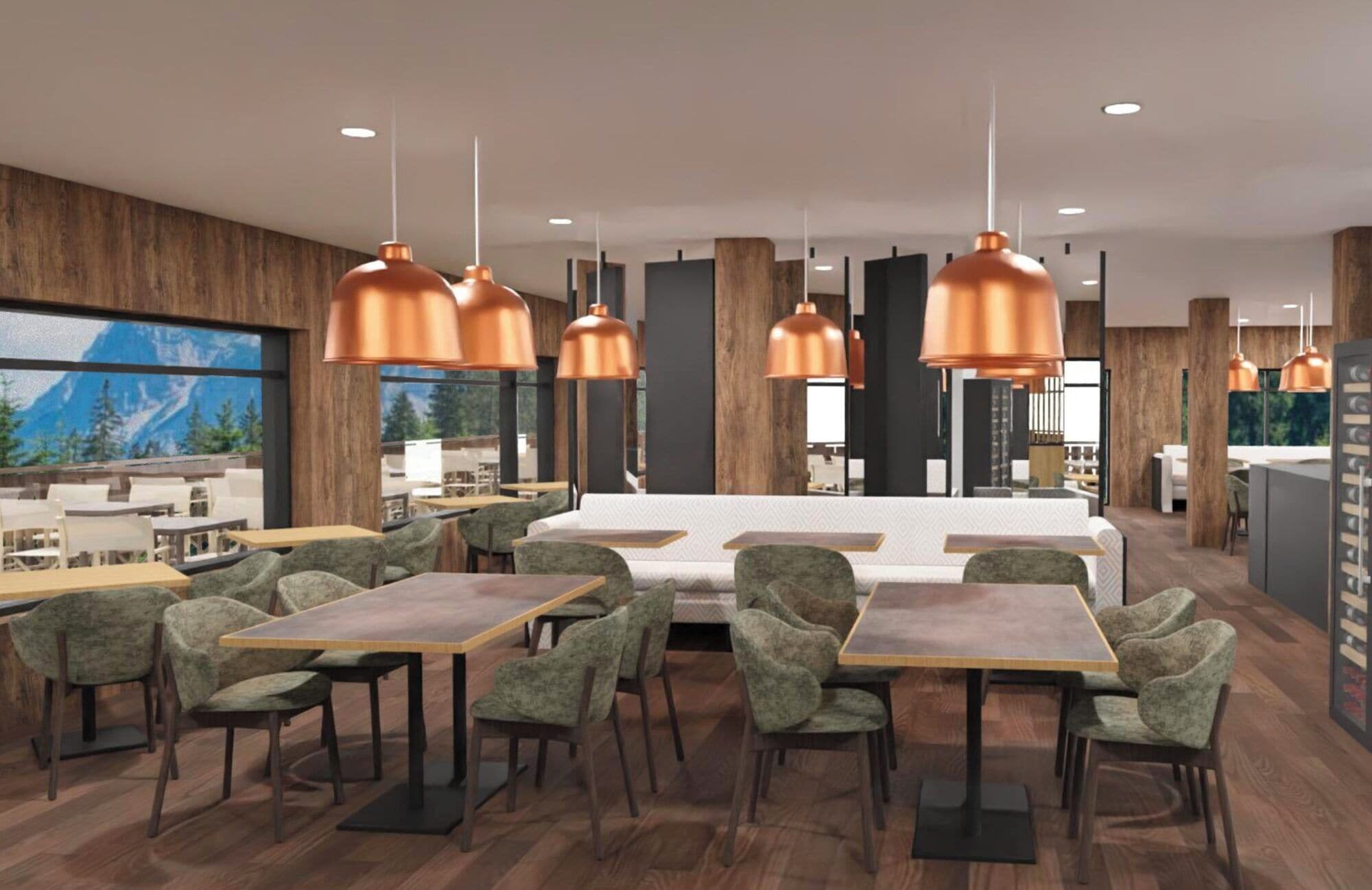 A modern restaurant interior with high tables, green upholstered chairs, and copper pendant lighting.